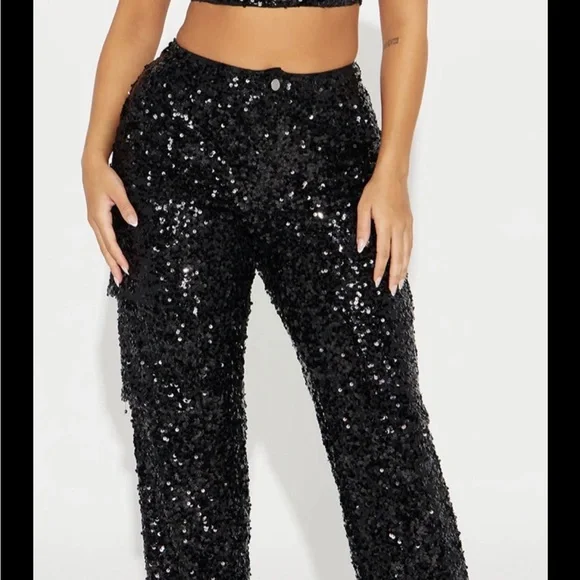 NWT 2 Pc Sequin Pants & Cropped Top Set - Black.  Available in Small. - Picture 9 of 10